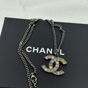 Chanel Large Multicolor Crystal CC Silver Pendant Necklace